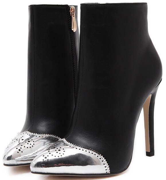 Silver Tip Black Suede Stiletto High Heels Point Head Ankle Boots .