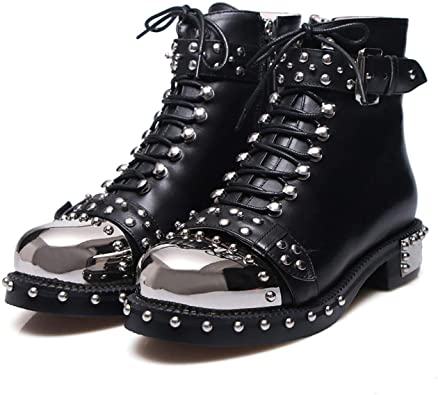 Amazon.com | Punk Genuine Leather Boots Women Rivets Square Heels .