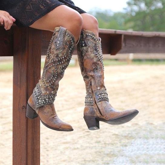 Women's Rivets Pointed Toe Western Cowboy High Boots .