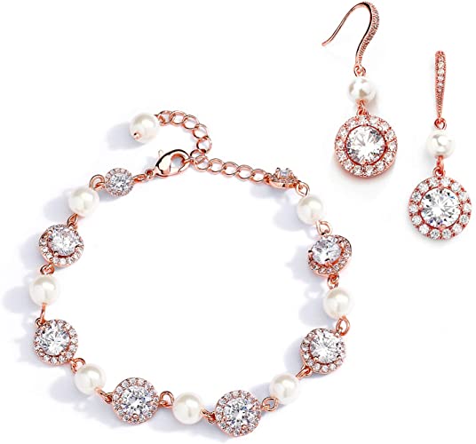 Amazon.com: Mariell Rose Gold & Pearl Round CZ Bridal Bracelet .