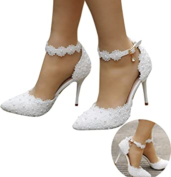 Amazon.com: Woman Bridal Shoes Pearl Lace Floral Embroidery .