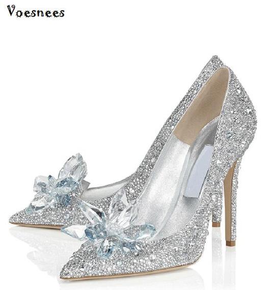 Cinderella Glass Pointed High Heels Crystal Silver Bottom Women .