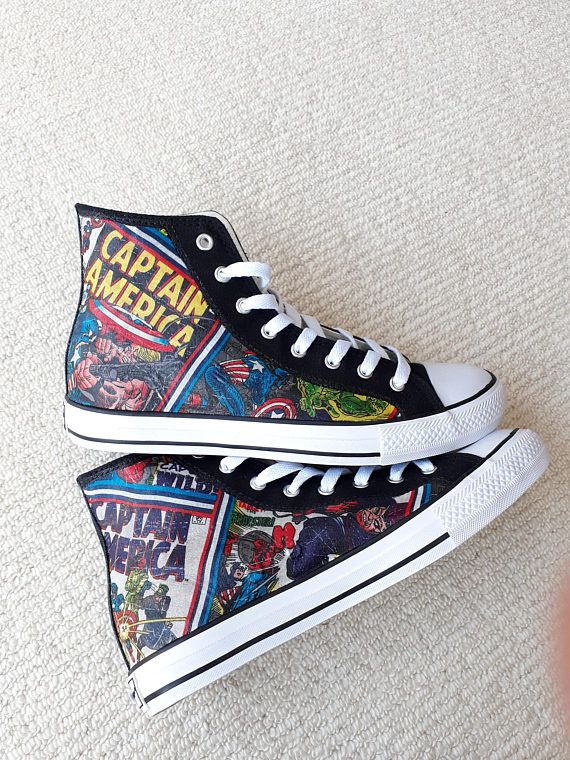 Canvas Shoes Hand Customised with Marvel Captain America Comic .
