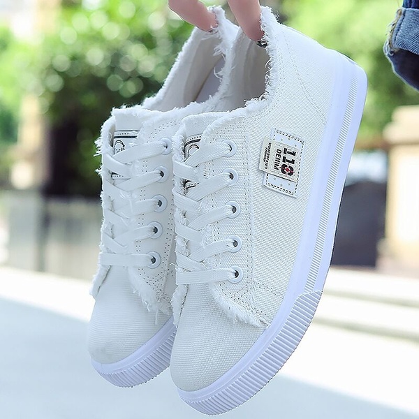 Women Canvas Shoes Breathable Running Lace-up Denim Flats Shoes .