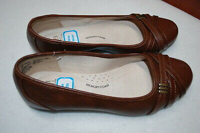 Womens Dress Shoes BROWN BALLET FLATS Casual STRAPPY FRONT Gold .