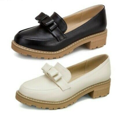 New Women Round Toe Bowknot Block Heels Girl Oxfords College Work .