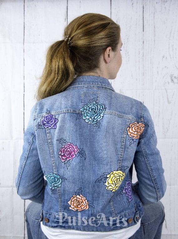 Hand Painted Denim Jacket Women's Jacket Flowers on | Et