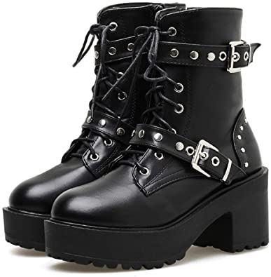 Amazon.com | TenYas Rivet Autumn Boots Women Platform Boots Black .