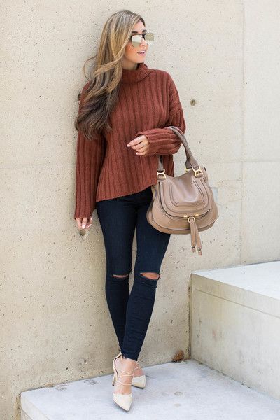 A Ribbed Rust Sweater and Black Jeans | Rust sweater, Black jeans .