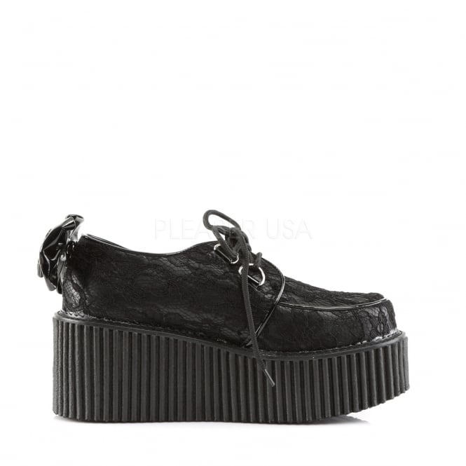 Demonia Creepers 212 Ladies Shoes Black Lace Overlay Featuring .