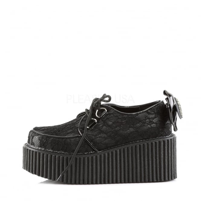 Demonia Creepers 212 Ladies Shoes Black Lace Overlay Featuring .