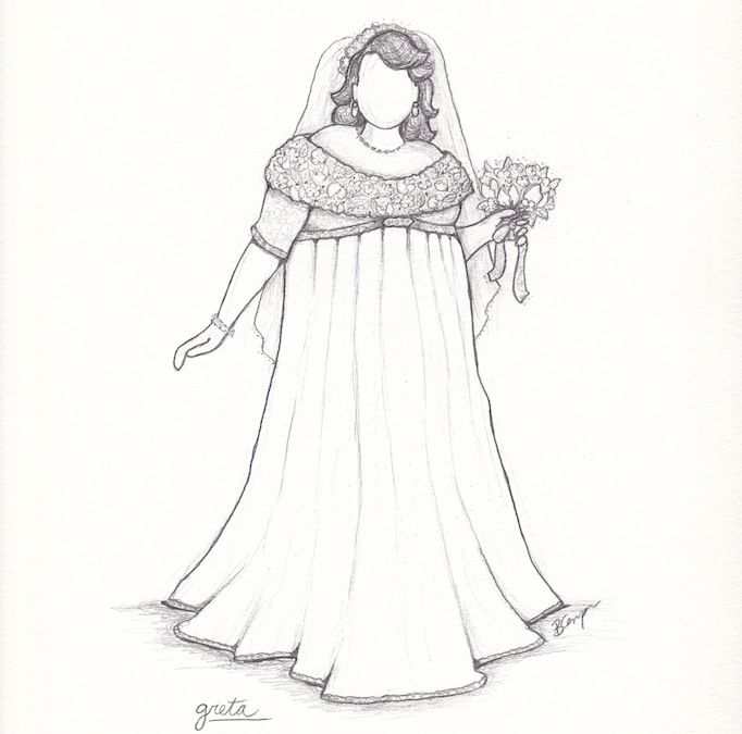 Greta's custom plus size wedding dress sketch by Brooks Ann Camper .