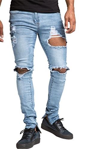 Men's Blue Ripped Destroyed Jeans Skinny Fit Distress