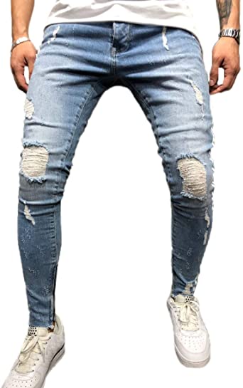 FUOE Men's Casual Distressed Ripped Destroyed Jeans Slim Fit .