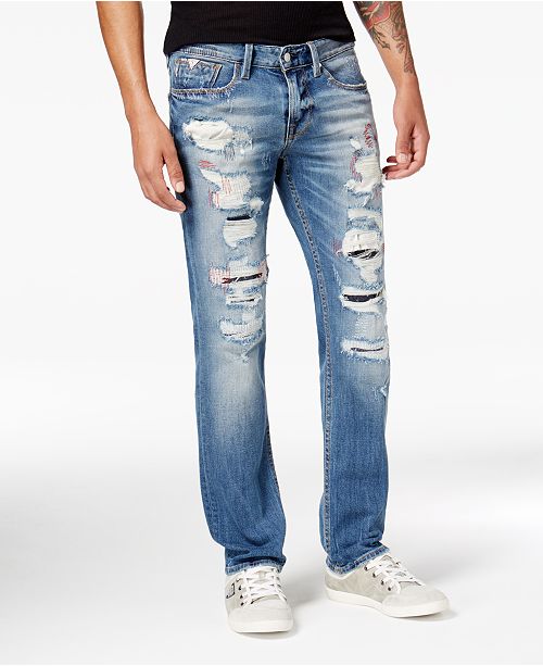 GUESS Men's Vermont Slim-Straight Fit Stretch Destroyed Jeans .