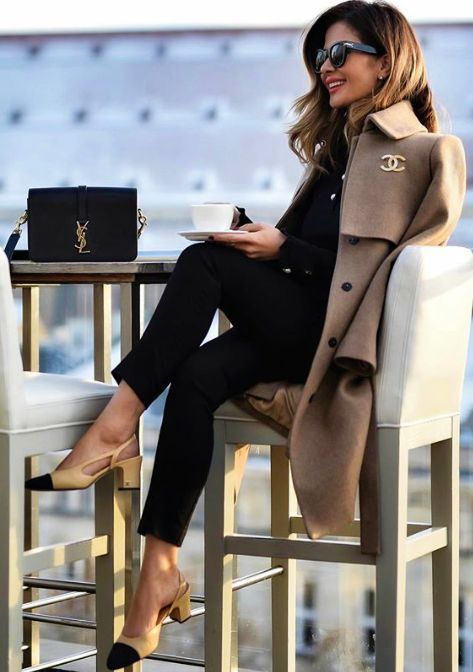 Fall fashion | Neutral Chanel coat with color block shoes and .