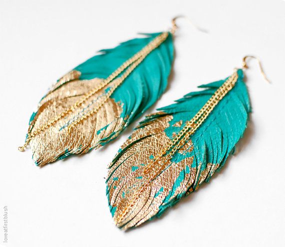 Feather Earrings Leather Feather Jewelry Dipped in Gold | Feather .