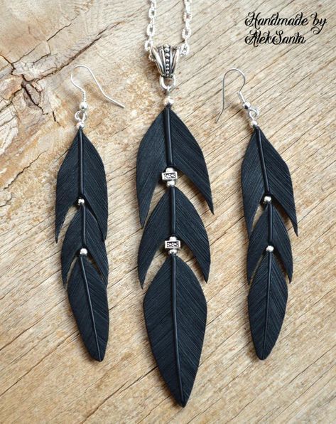 Black Gothic jewelry set of feather necklace and Long dangle .