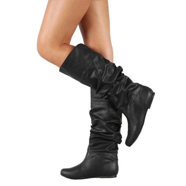 Wodstyle - Womens Slouch Mid-Calf Boots Ladies Flat Slip On Knee .