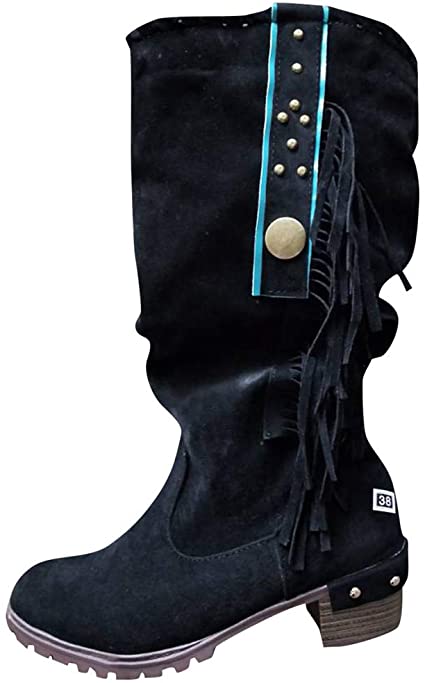 Amazon.com : Huaze Women Retro Fringed Boots Ladies Fashion Chunky .