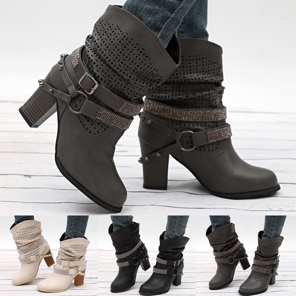 Women Autumn Winter Hollow Out Ankle Boots Ladies Heel Half Boots .