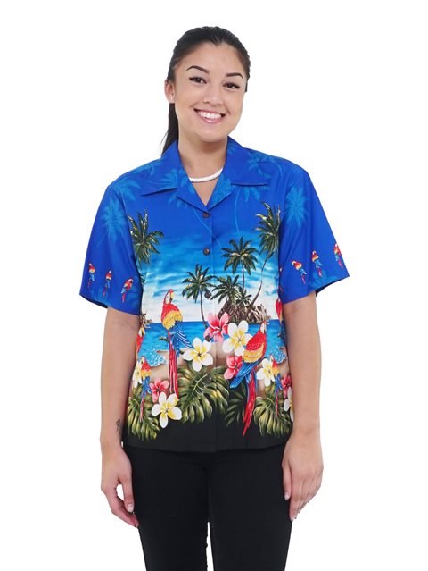 Pacific Legend Parrot Blue Cotton Women's Hawaiian Shirt | AlohaOutl