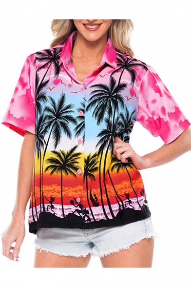 Womens Summer Holiday Tropical Coconut Print Short Sleeve Hawaiian .