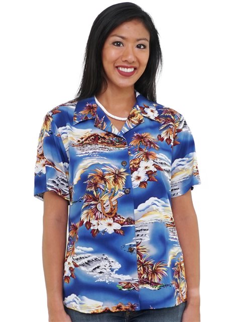 Hilo Hattie Blue Hawaii Blue Rayon Women's Hawaiian Shirt .