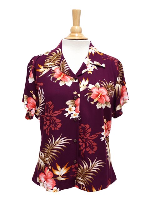 Two Palms Fern Hibiscus Purple Rayon Women's Hawaiian Shirt .