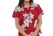 Pacific Legend Hibiscus Red Cotton Women's Fitted Hawaiian Shirt .