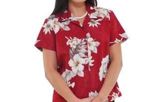 Pacific Legend Hibiscus Red Cotton Women's Fitted Hawaiian Shirt .