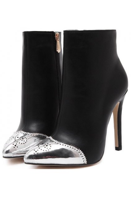 Silver Tip Black Suede Stiletto High Heels Point Head Ankle Boots .