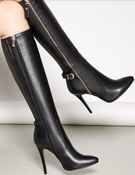 Knee High Boots Black High Heel Pointed Toe Zipper Party Boots For .