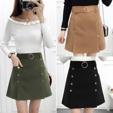 Buy A word skirt female high waist skirt belt short skirt black .