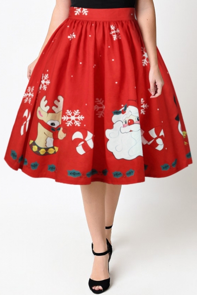 New Arrival High Waist Digital Santa Claus Pattern Midi Flared .