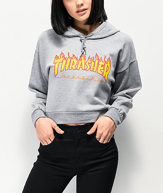 Thrasher Flame Logo Grey Crop Hoodie | Zumi