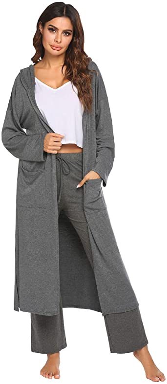 Ekouaer Women Long Robes Hooded Side Slit Sleepwear Long Sleeve .