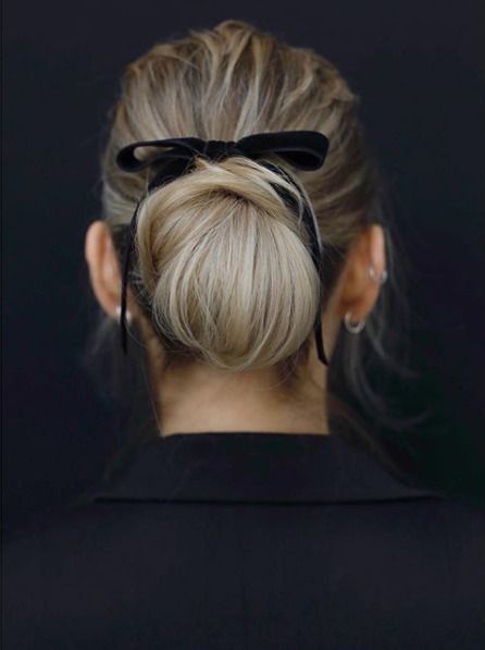 Classic thin black velvet bow. Hair Inspiration: The bow chic bun .