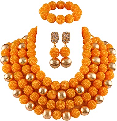 Amazon.com: African Jewelry Sets Nigeria Beads Women's 4 Rows Gold .