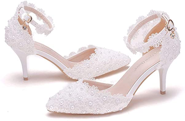 Amazon.com | Women High Heels Sandals White Lace Pearls Wedding .