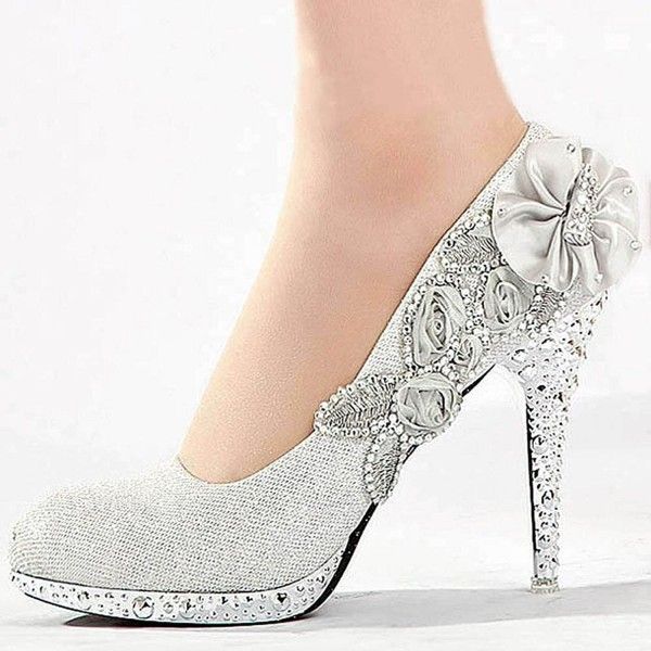 Women's Silver Lace Flower Pearls Closed Toes Wedding Shoes .