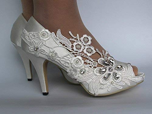 Amazon.com: white lace satin pearls peep toe wedding high heel .