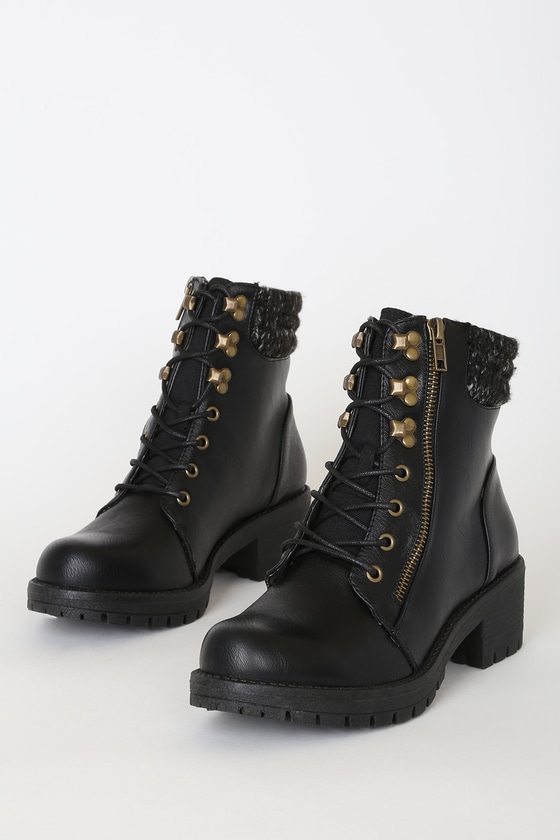 Vegan Leather Boots - Mid-Calf Boots - Chunky Lace-Up Boo