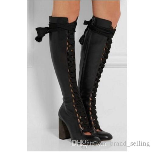 2017 Women Fashion Boots Knee High Booties Lace Up Boots Leather .