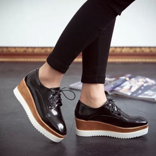 New Womens Square Toe Lace Up Platform Wedge Creeper Oxfords Mid .