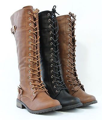 Women-Knee-High-Lace-Up / Quilted- Military-Combat-Boots-Riding .