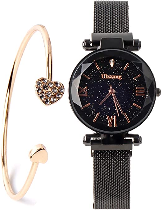 Amazon.com: Fashion Black Ladies Watch Magnetic Mesh Band Starry .