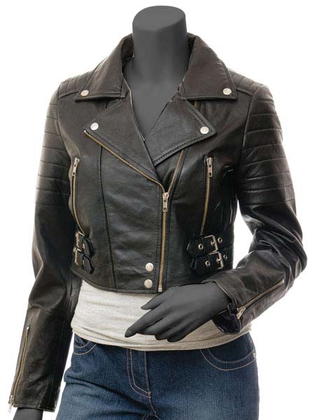Ladies Short Leather Jacket - Biker Black Asymmetrical Z