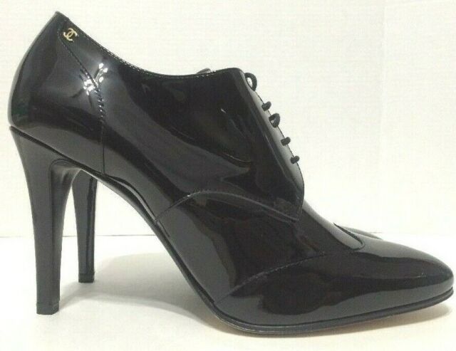 Chanel Oxfords Bootie Heels Pumps Black Patent Leather Womens Size .