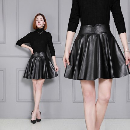 Women New Sheepskin Skirt Pleated Leather Skirt K55|Skirts .